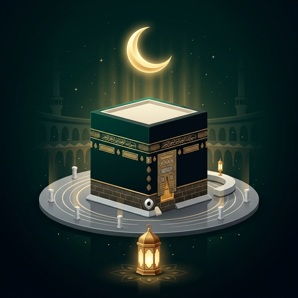 Ilustrasi 3D Ka'bah & Kaligrafi Pembelajaran Bahasa Arab